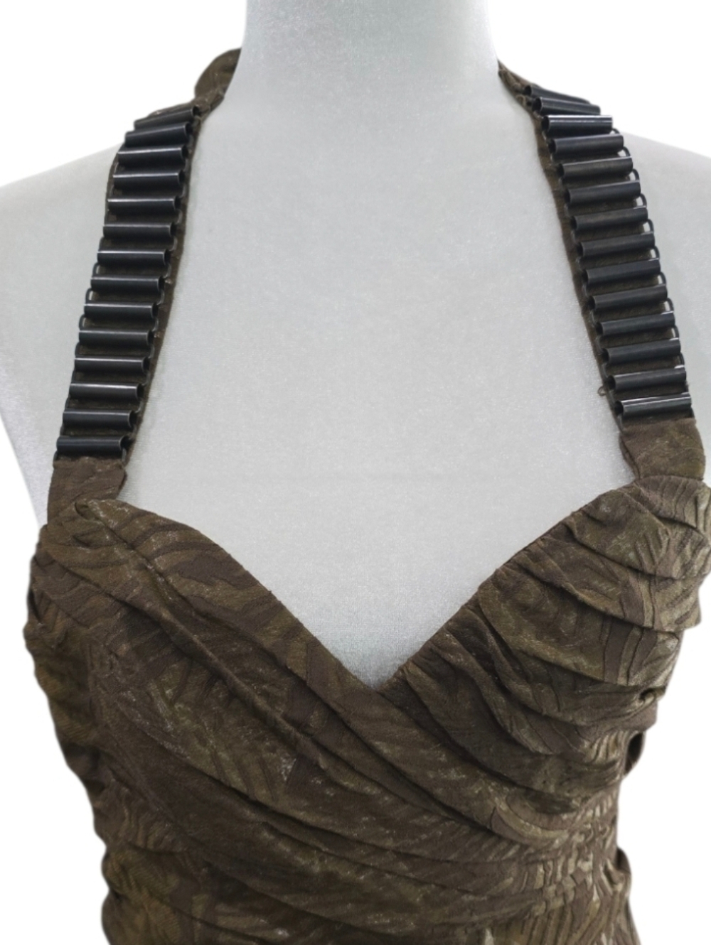Bebe Y2K Olive Green Jaquard Pleated Strappy Mini Halter Dress. Size Small